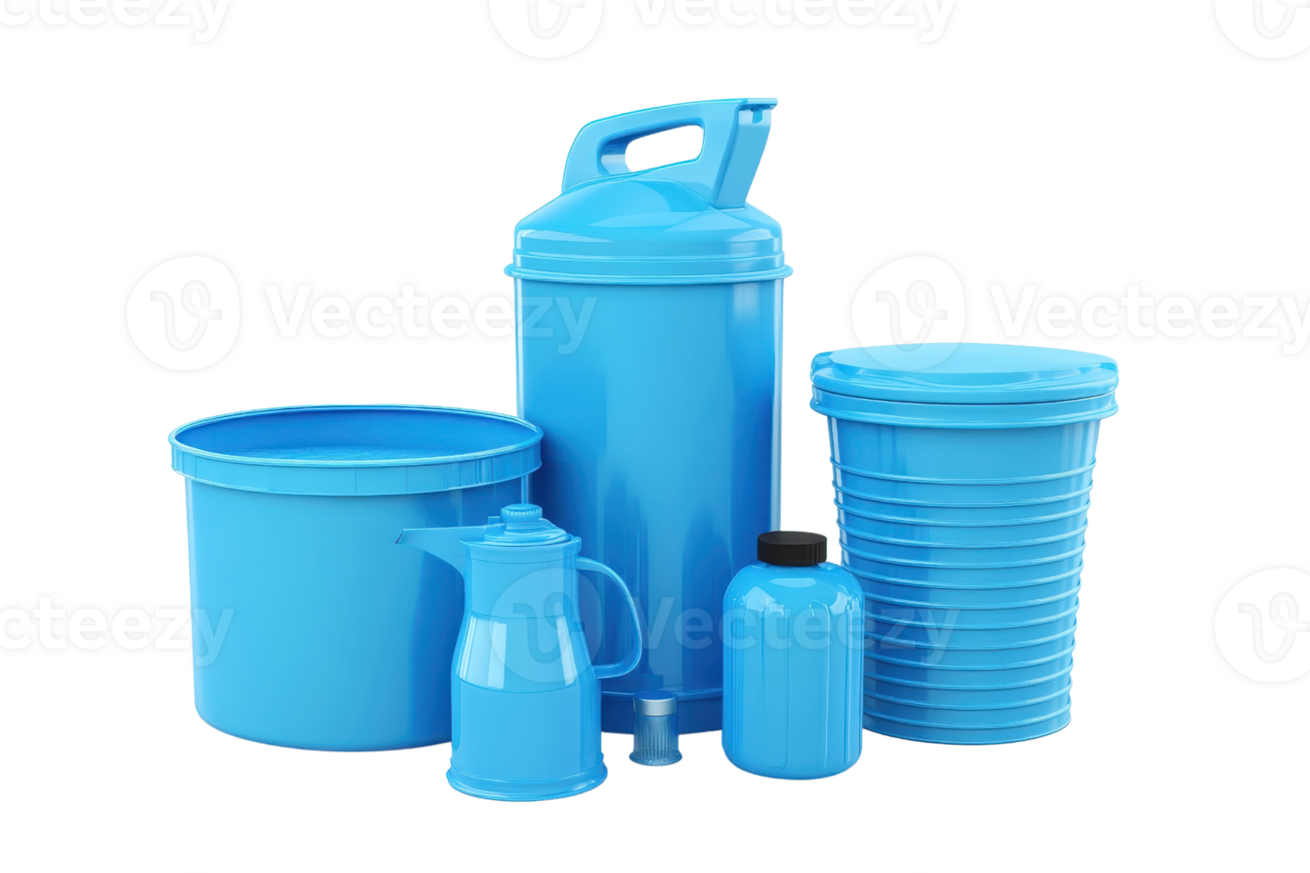 A collection of blue plastic containers including bottles, jugs, and bins isolated on a transparent background. png