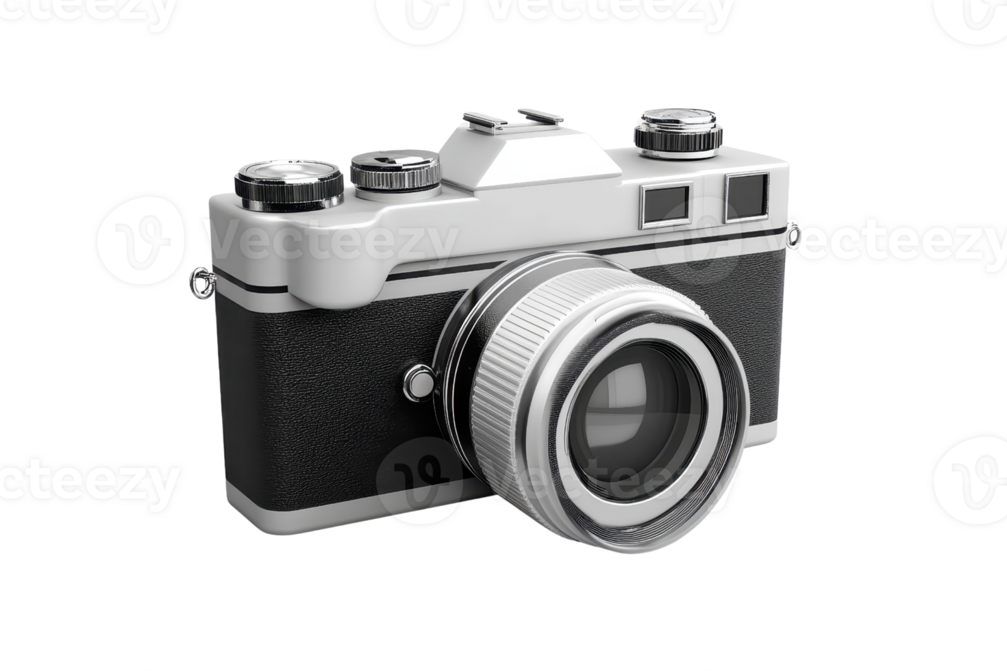 Vintage camera with a sleek black and silver design, perfect for photography enthusiasts and collectors. Retro film camera isolated on white. png
