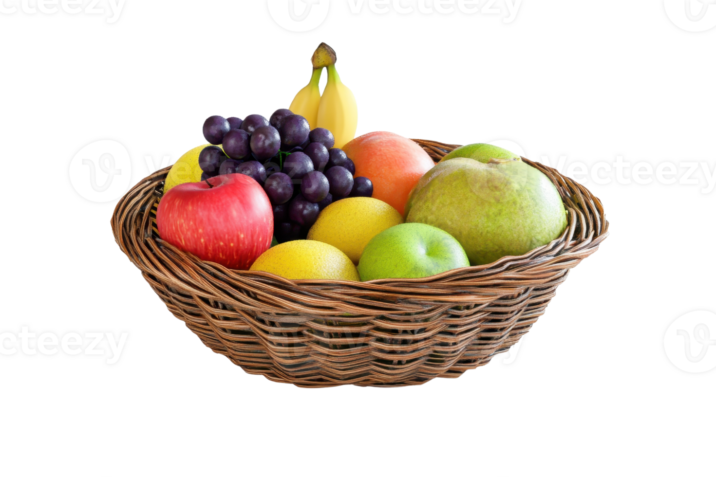 A wicker basket filled with a colorful assortment of fresh fruits including bananas, grapes, apples, and pears, isolated on a transparent background. png