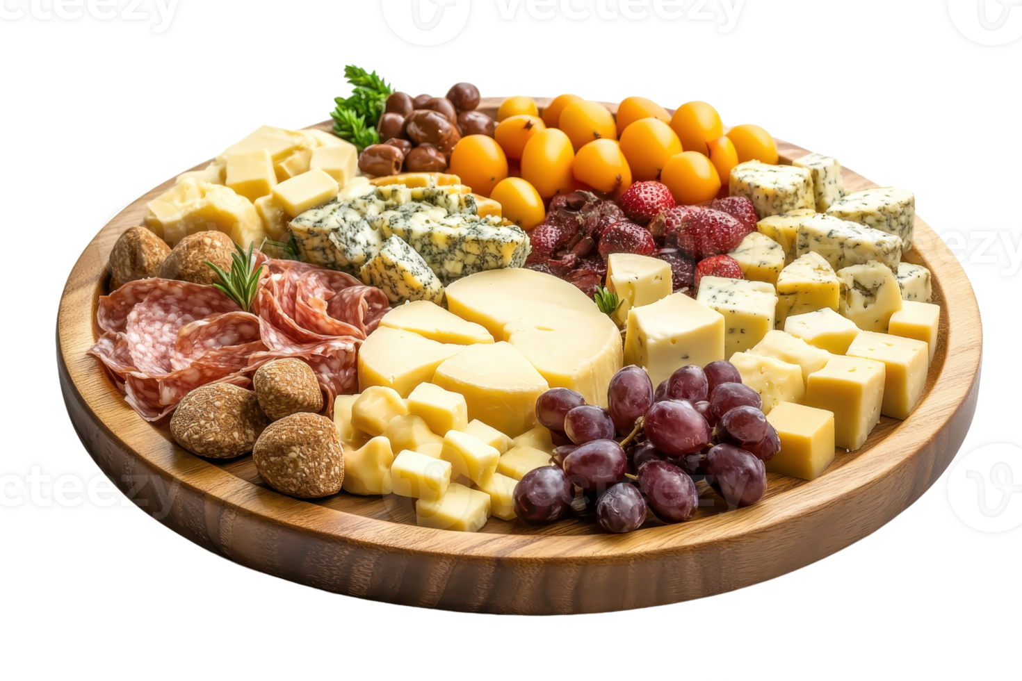 Wooden platter with an assortment of cheeses, meats, fruits, and nuts, perfect for parties and gatherings. png