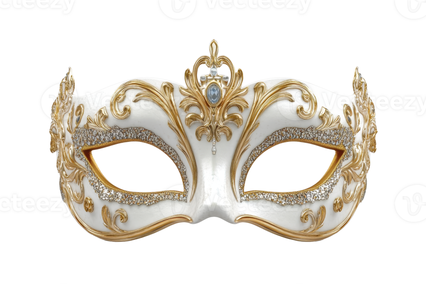 Elegant Venetian masquerade mask with intricate gold detailing and white base. Perfect for parties, events, and costume occasions. png