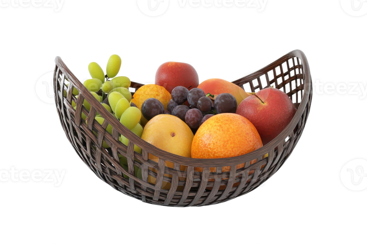 A decorative wooden basket filled with fresh assorted fruits including grapes, apples, oranges, and a pear on a transparent background. png