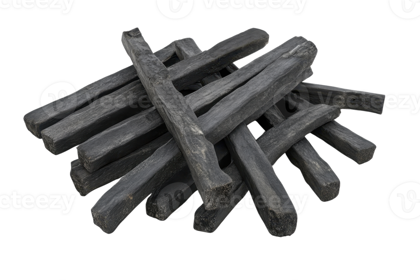 Close-up image of natural charcoal sticks in a pile, ideal for grilling, cooking, or creating rustic art or decor pieces. png