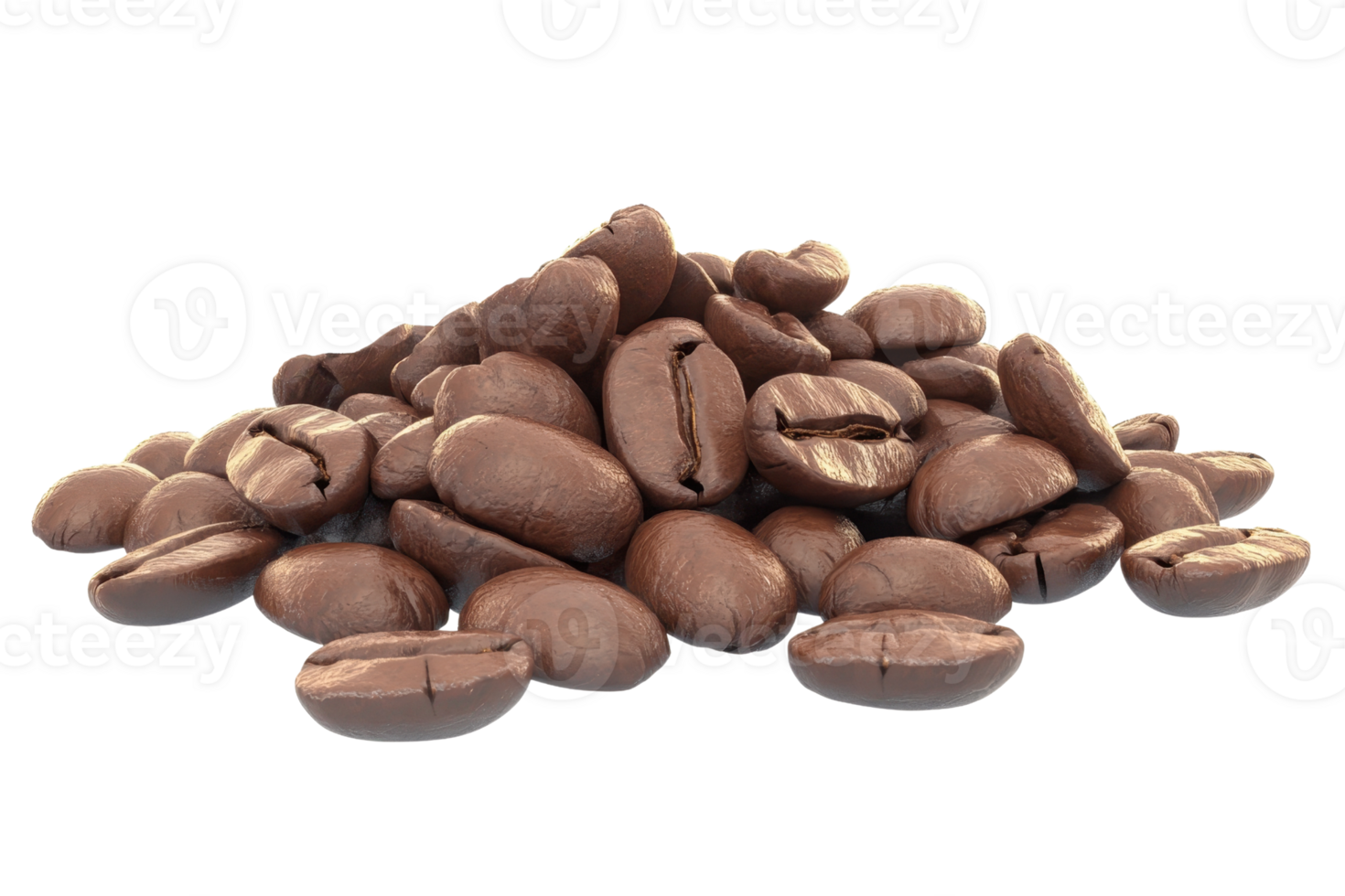 A close-up image of a pile of roasted coffee beans on a transparent background. showcasing their texture and color. png