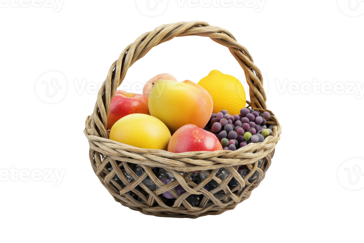 Wicker basket filled with assorted fresh fruits including apples, mangoes, and grapes. Perfect for a natural and healthy food display. png