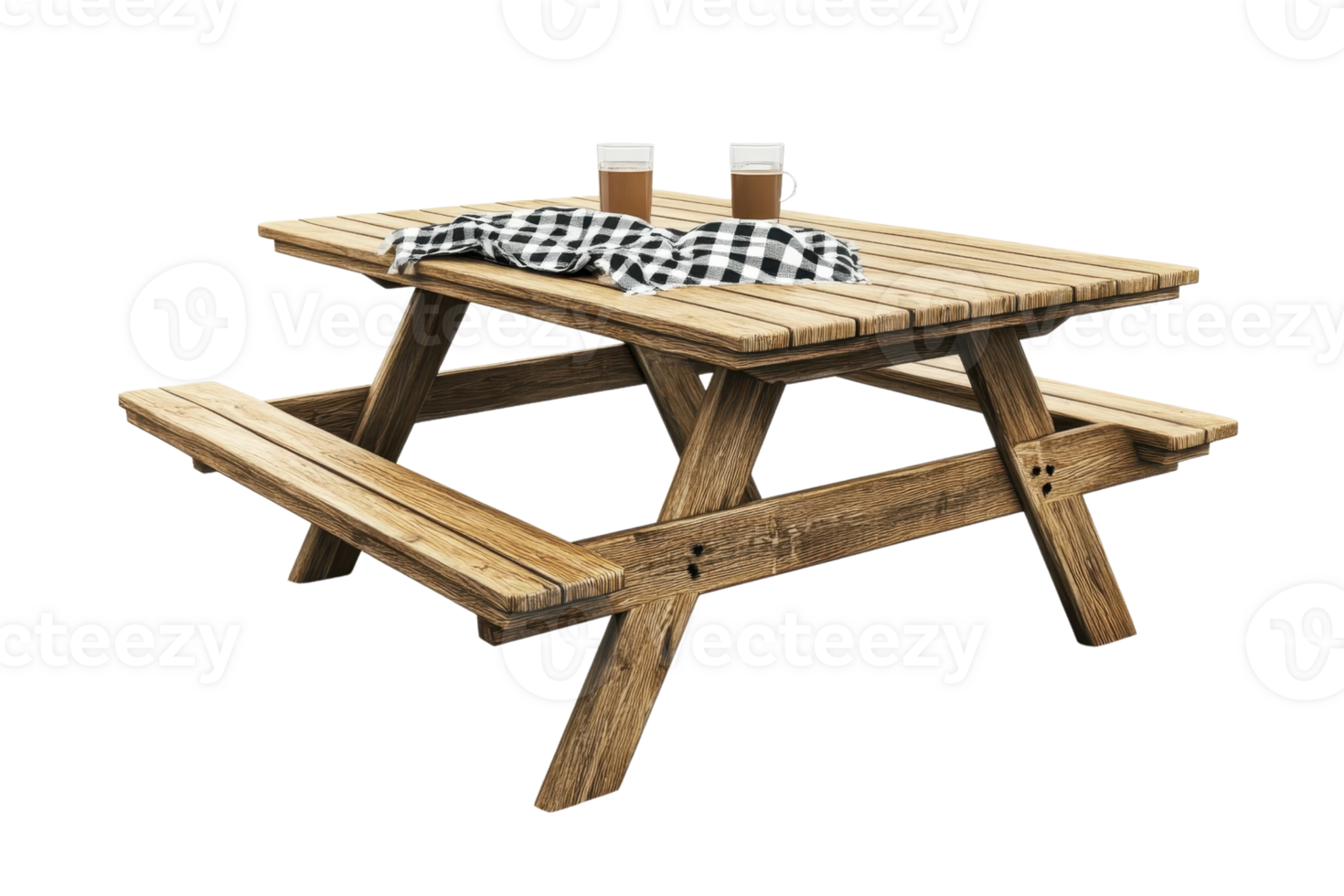 Wooden picnic table with two drinks and checkered cloth. Ideal for outdoor dining, picnics, and gatherings in parks or backyards. png