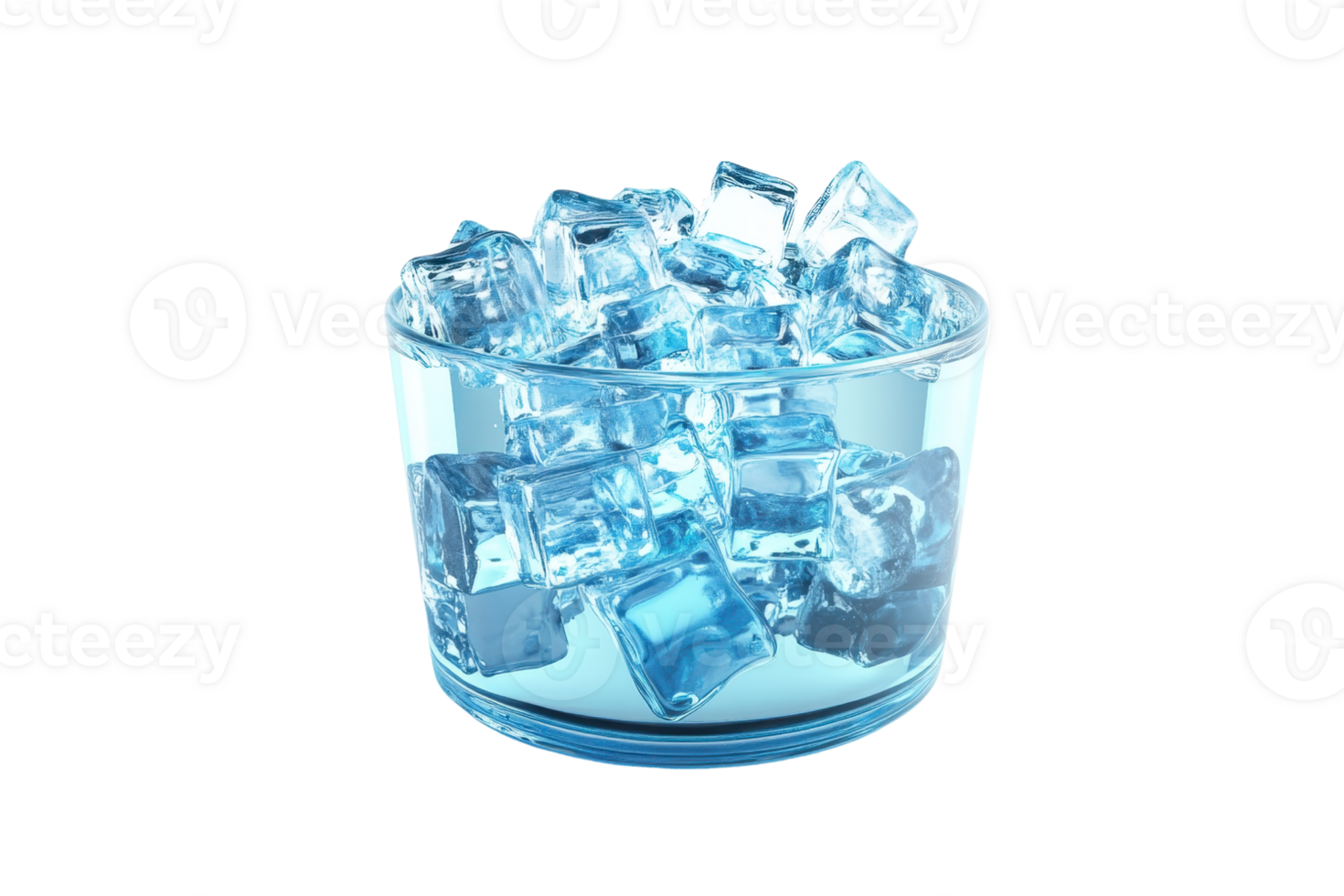 A clear glass bowl filled with crystal clear ice cubes, showcasing the pristine and refreshing nature of the ice on a transparent background. png