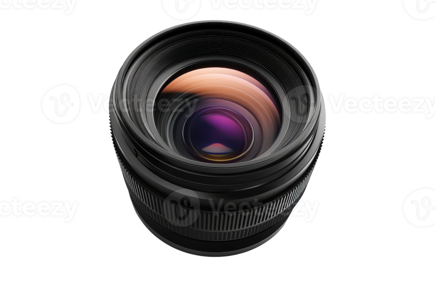 Close-up of a professional camera lens with a vibrant reflection, ideal for photography articles, blogs, and marketing materials. png