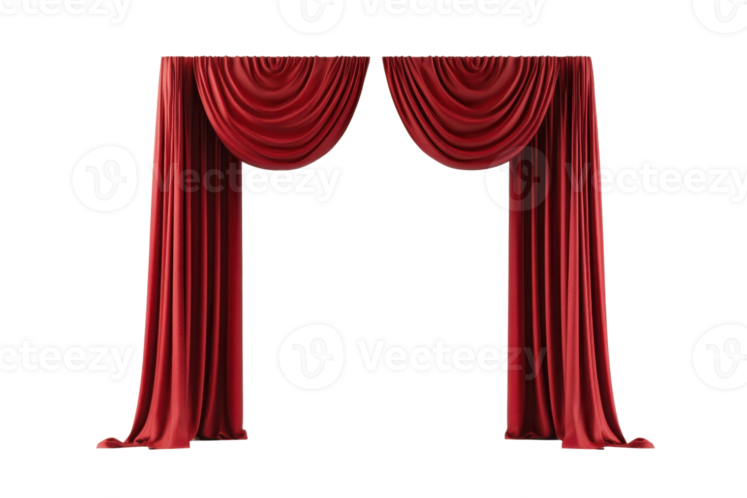 Elegant red theater curtains draped open, creating a classic and sophisticated stage entrance, perfect for performances and events. png