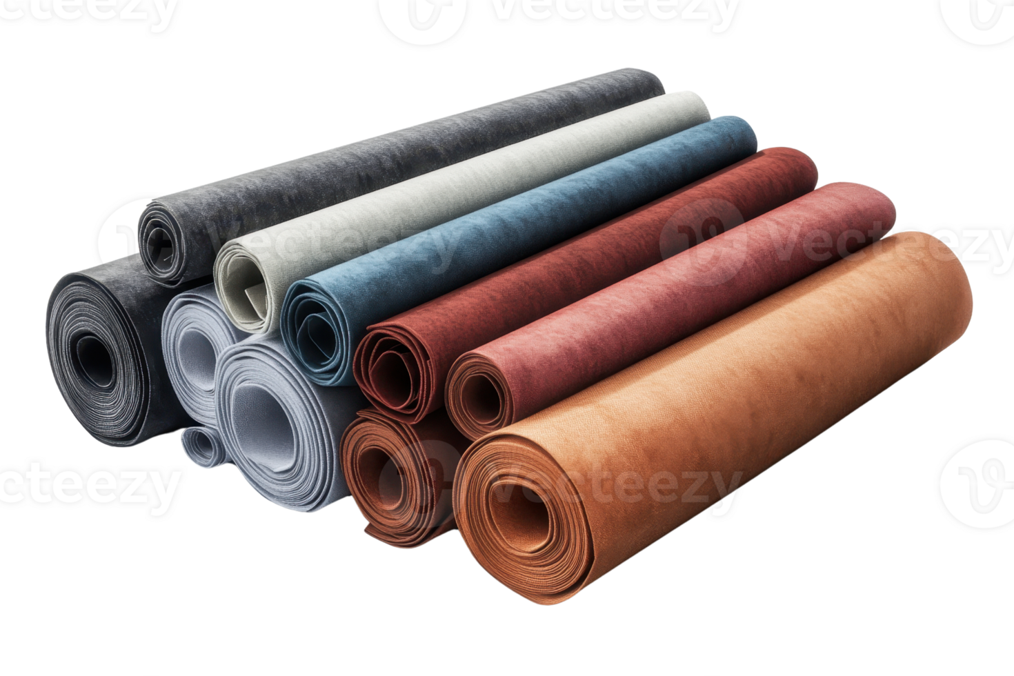 Colorful rolls of fabric materials stacked together, perfect for crafting and DIY projects. Various textures and colors for diverse applications. png