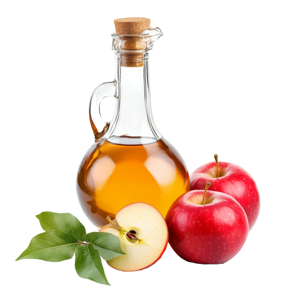 Fresh red apples and apple cider vinegar in a clear glass bottle on a transparent background, A jug of apple cider vinegar with fresh red apples isolated png