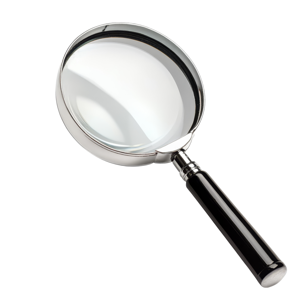 A detailed view of a magnifying glass on a transparent background highlighting its sleek design and functionality, magnifying glass,isolated on a transparent background png
