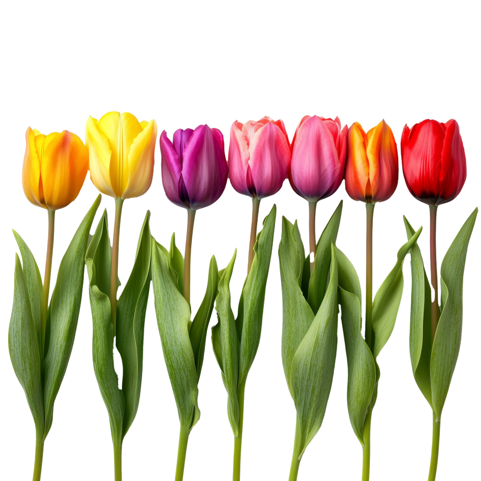 A vibrant row of colorful tulip flowers isolated on a clean background, showcasing the beauty of spring blooms, row of colorful tulip flowers, file of isolated object on transparent background png