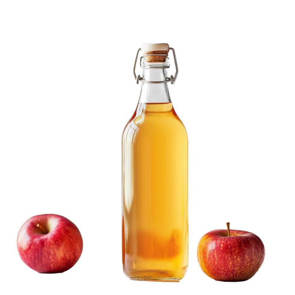 Bottle of fresh apple cider vinegar with vibrant red apples on a light background, Bottle of apple cider vinegar with fresh red apples png