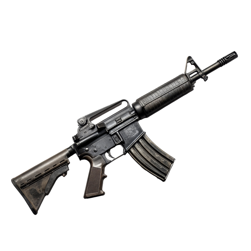 An assault rifle displayed on a transparent background showcasing intricate details of its design and structure, M4A1 Assault Rifle on transparent background png