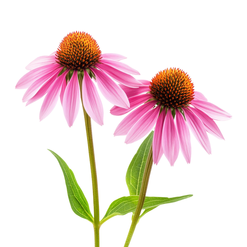 Two vibrant coneflower blooms isolated on a transparent background showcasing their unique structure and natural beauty, coneflower flowers isolated on transparent background png