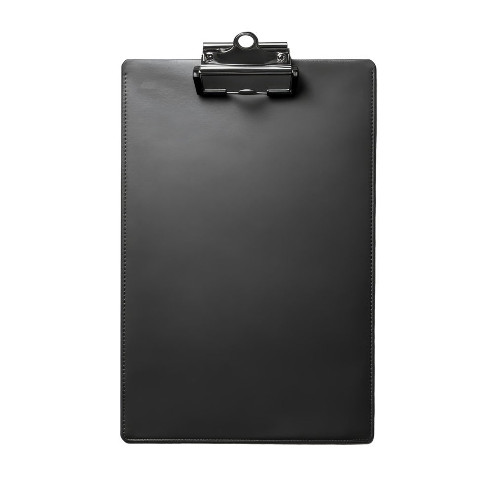 A closed black clipboard with a clip at the top, ideal for organizing papers and notes at an office, Closed black clipboard with clip at the top for papers. Folding clipboardwriting board with papers png