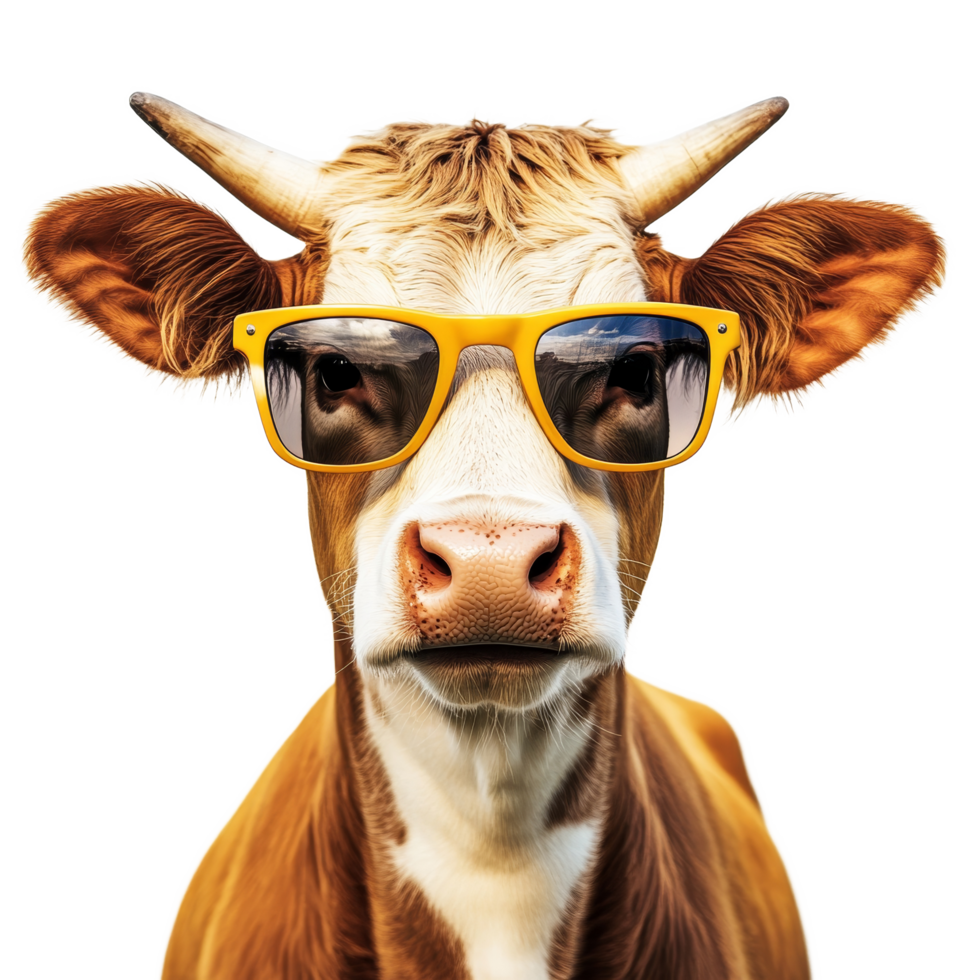 A cool cow wearing yellow sunglasses poses confidently against a clean transparent background for a fun and quirky portrait, Cool Cow with Sunglasses on transparent background png