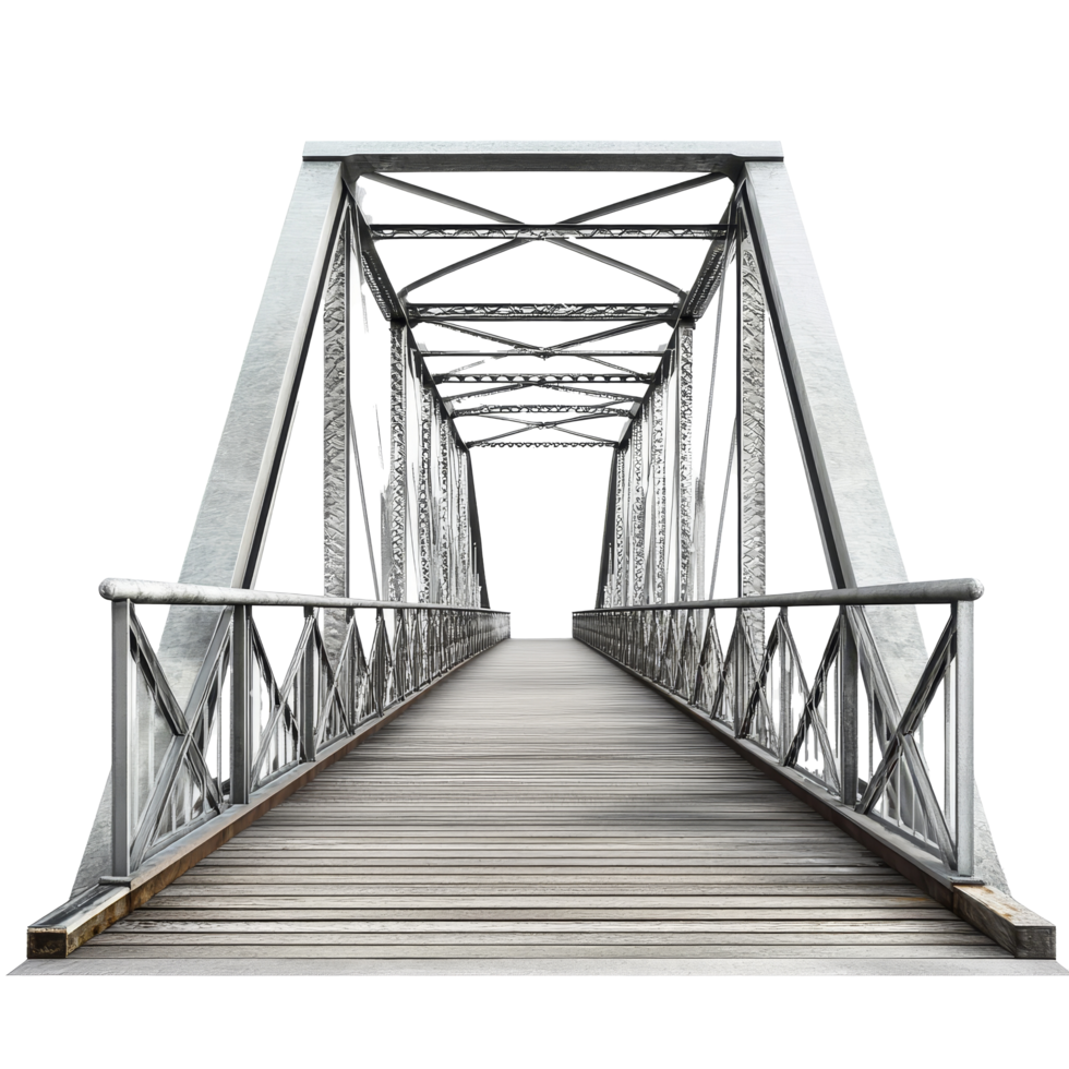 Modern metal bridge with a wooden walkway and intricate support structure against a transparent backdrop, Metal Modern Bridge on transparent background png