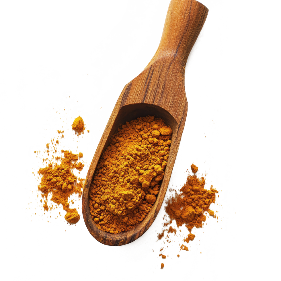 Turmeric powder in a wooden scoop with spilled powder on a transparent background, perfect for culinary and wellness uses, Turmeric powder in wood scoop on transparent background png