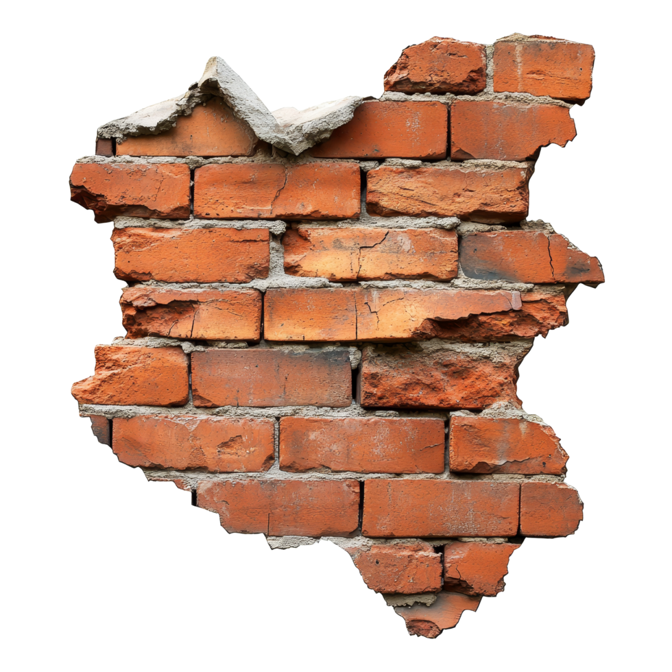 Collapsed weathered red brick wall showing extensive cracks and deterioration over time, Ruined, collapsed, cracked, or broken weathered red brick wall transparent background png