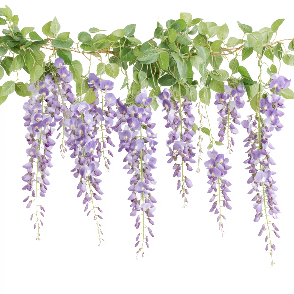 Beautiful hanging garland of wisteria flowers with vibrant purple blooms isolated on a transparent background, hanging garland wisteria flower isolated on transparent background png