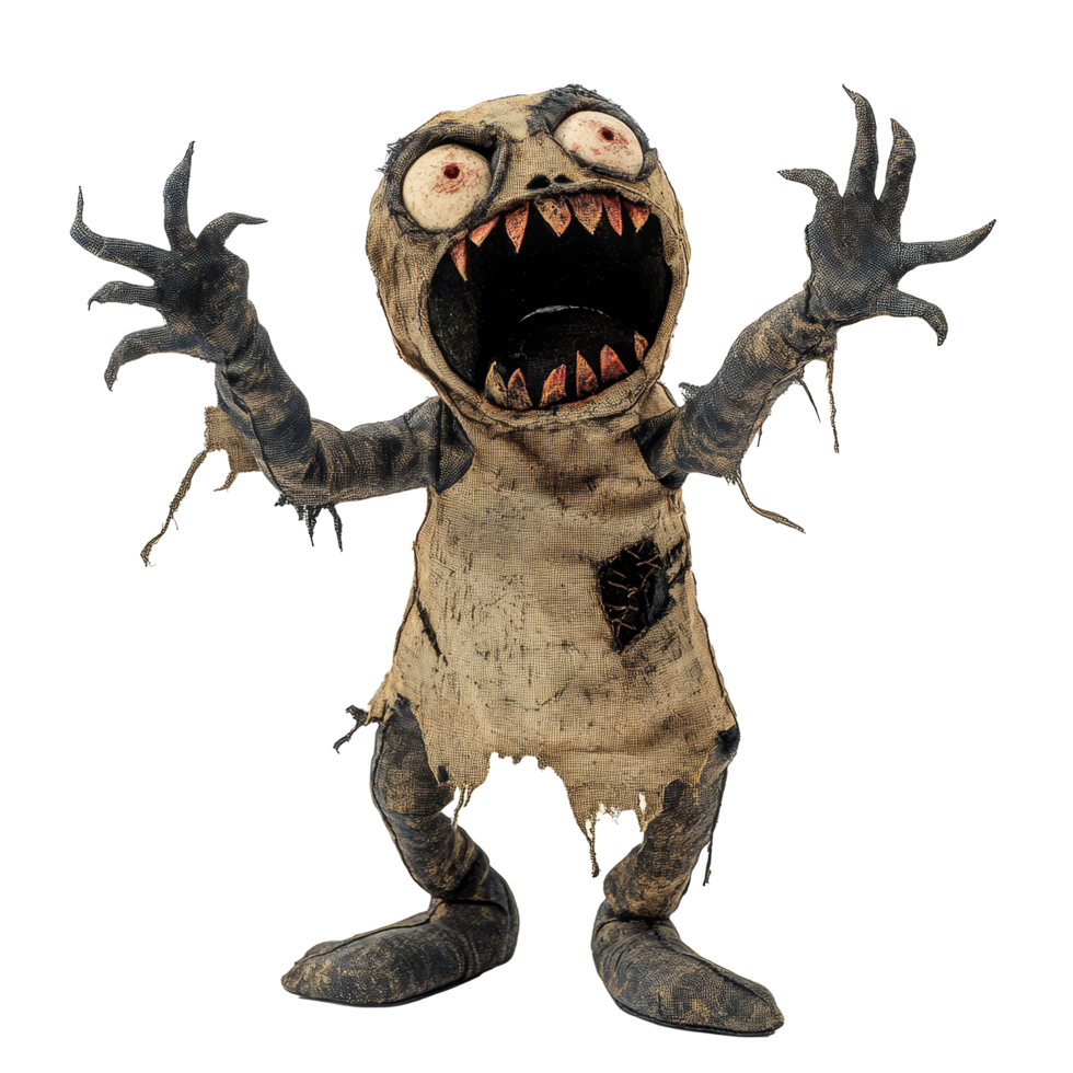 A haunting Halloween goblin figure with tattered clothing and a menacing expression against a transparent background, Nightmarish halloween gobelin figure on transparent background png