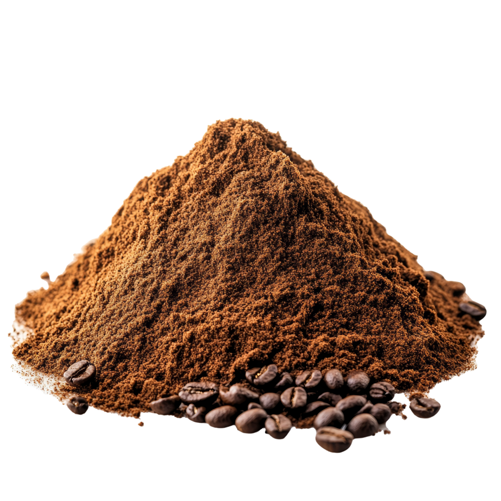 Freshly ground coffee powder piled high with whole beans scattered over a transparent background, Pile of fresh ground coffee powder isolated on transparent background png