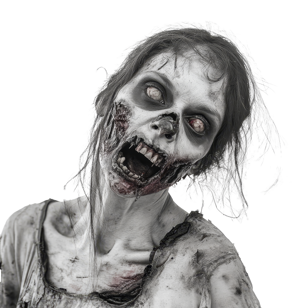 Terrifying female zombie with haunting eyes and grotesque features on a stark transparent background, Terrifying Female Zombie on transparent background png