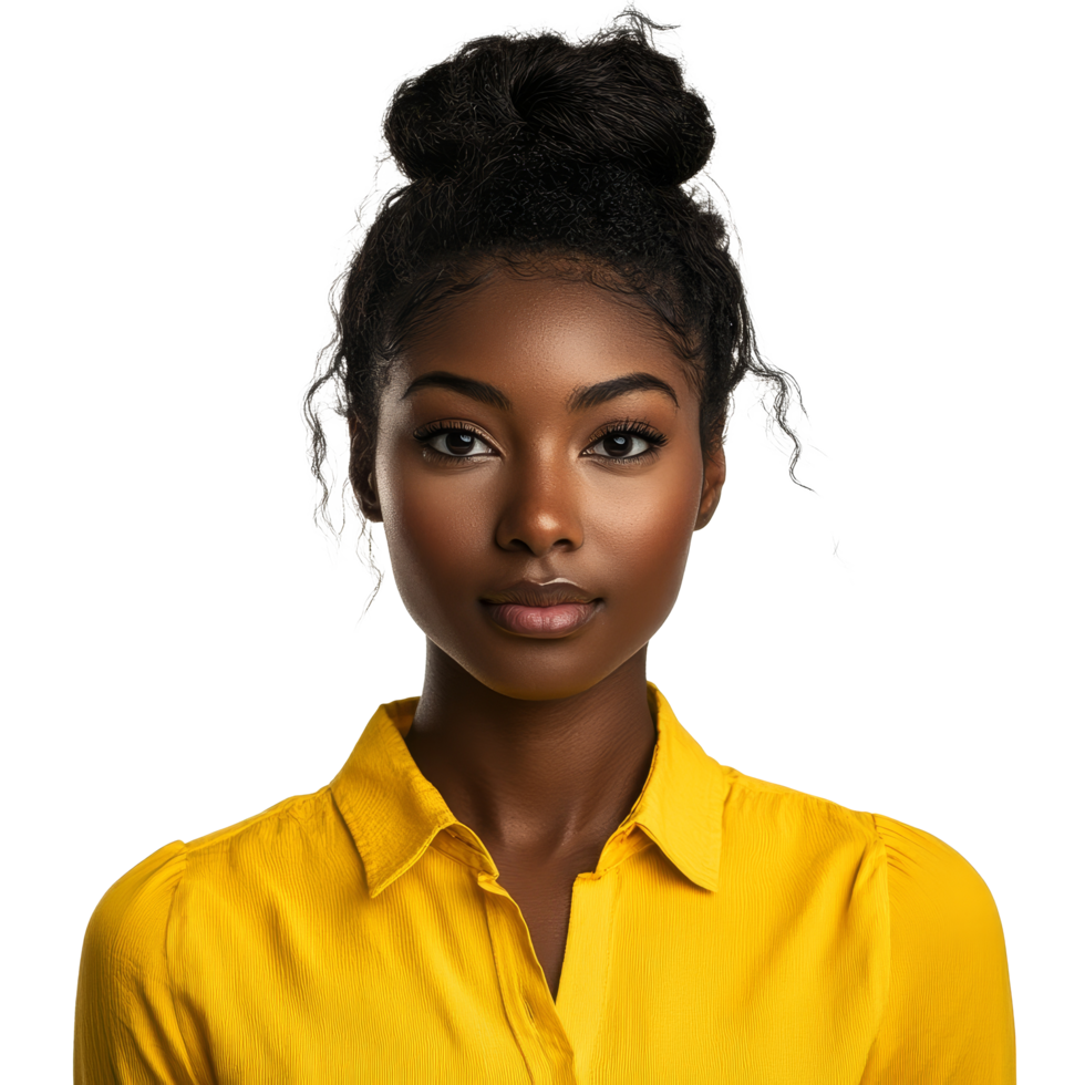 A stunning woman with striking features and a smooth complexion poses confidently in a bright yellow shirt, portrait of a black beautiful woman with yellow shirt isolated on transparent background png