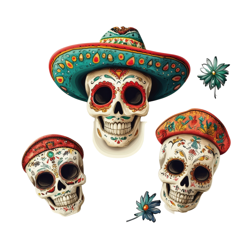 Decorative skulls adorned with colorful Mexican hats against a bright transparent background, Decorative Skulls with Mexican Hats on transparent background Dia de los muertos concept png