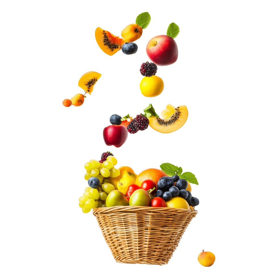 Fresh fruits cascade from above into a woven basket on a transparent background, creating a vibrant display of color, Fresh fruits falling from above in a basket on a transparent background png