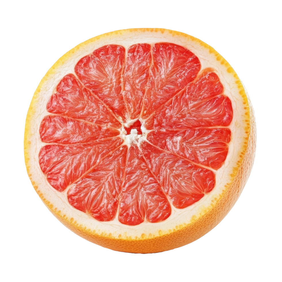 Freshly sliced grapefruit isolated on a transparent background showcasing its vibrant pink flesh and textured rind, Grapefruit isolated on transparent background png