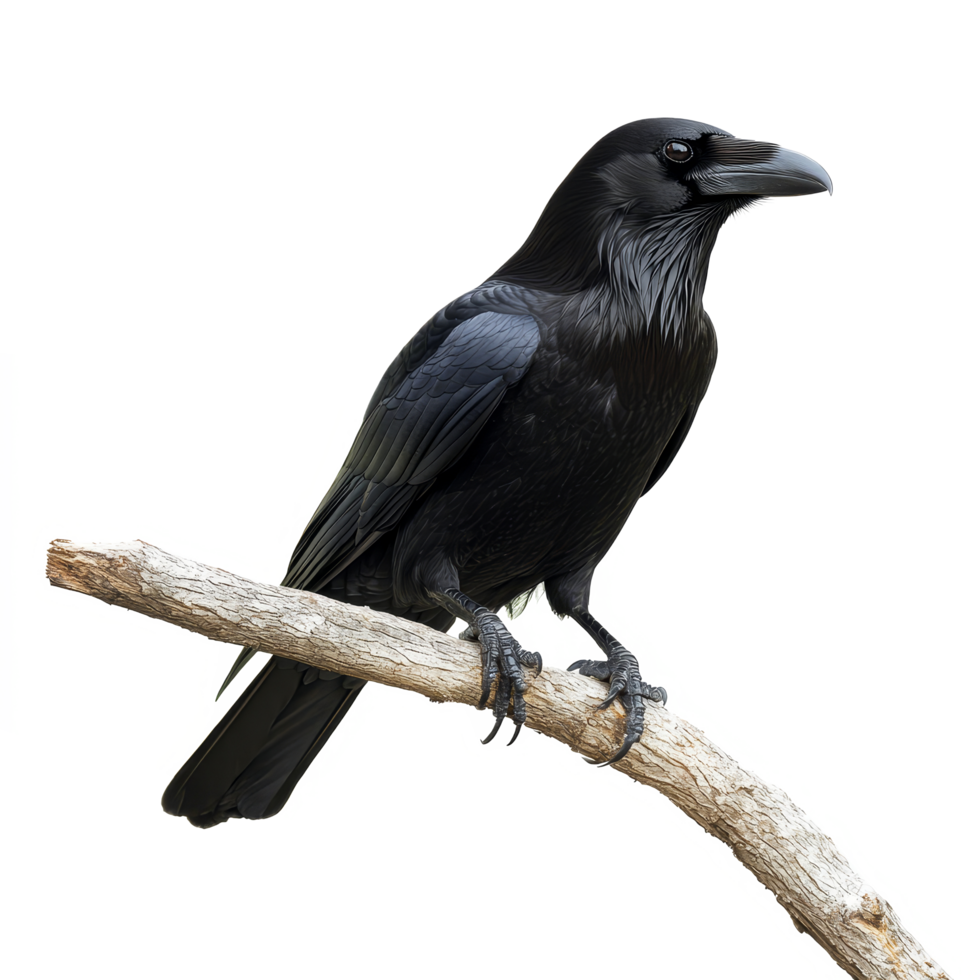 A raven perched on a branch against a minimalistic, isolated background during daylight hours, raven sitting on a branch, file of isolated object on transparent background png