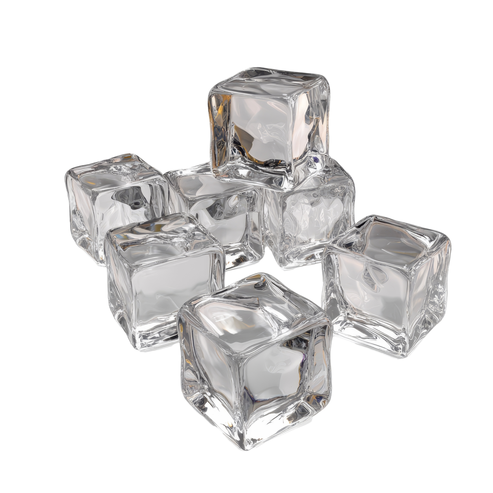 Crystal clear acrylic ice cubes arranged in a stack on a bright surface showcasing their realistic features, Crystal Clear Artificial Acrylic Ice Cubes Square Shape. 3d render on a transparent background png