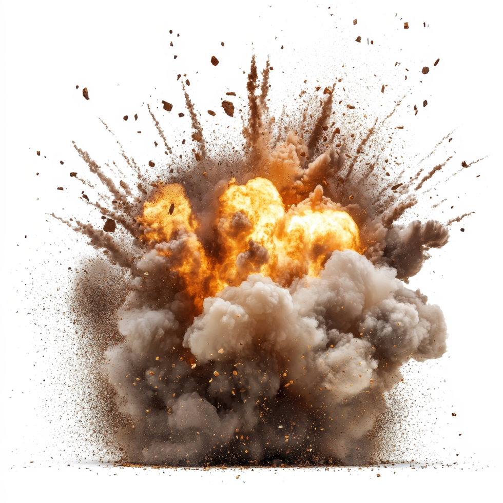 Powerful explosion isolated on a transparent background showcasing fiery eruption and debris, explosions and real isolated on transparent background png