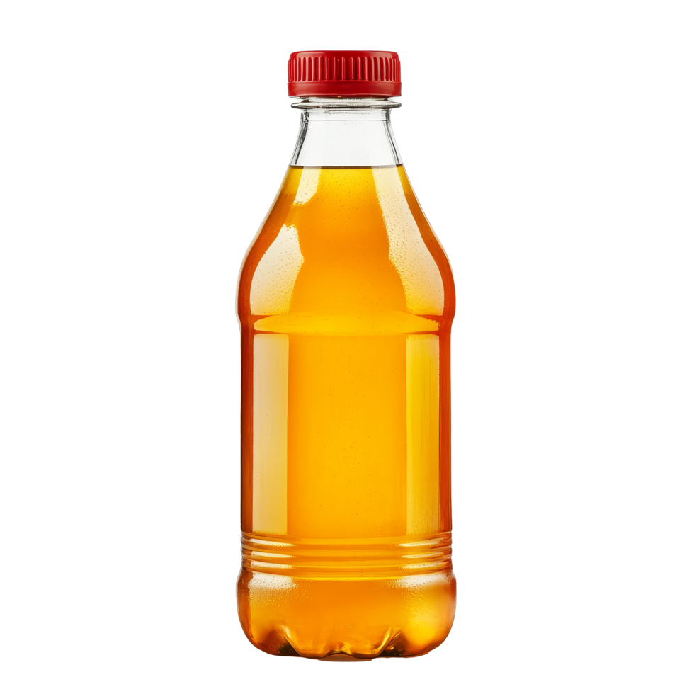 Fresh apple juice in a clear plastic bottle with a red cap against a transparent background, Bottle of apple juice isolated png