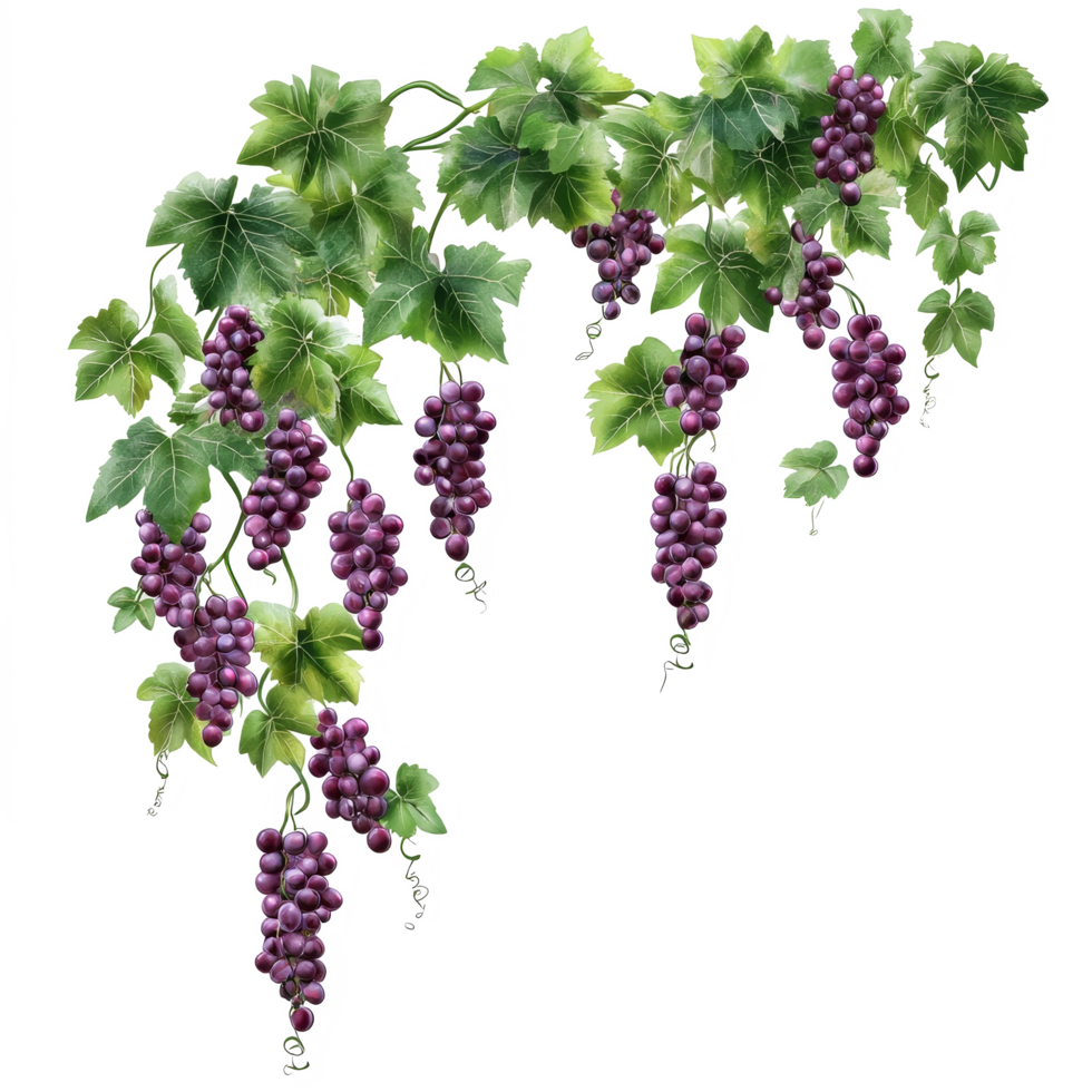 Bunches of ripe purple grapes and lush green leaves create a vibrant hanging garland for decor and styling, grapes branch and leaves hanging garland isolated on transparent backgroud png