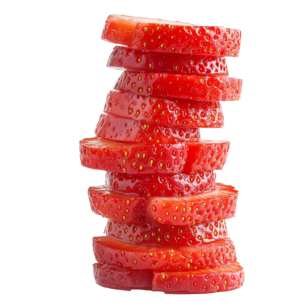 A vibrant stack of sliced strawberries displayed against a bright transparent background showcasing fresh, juicy fruit, stack of sliced strawberries isolated on transparent background png