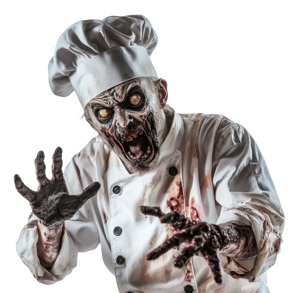 Scary chef zombie with a menacing expression reaching out in an eerie kitchen setting, Scary chef cook zombie isolated on transparent background png