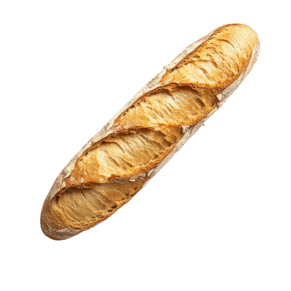 Freshly baked baguette with crisp crumbs floating against a transparent background for culinary delight, Fresh Baguette with Crisp Crumbs Floating isolated on transparent background png