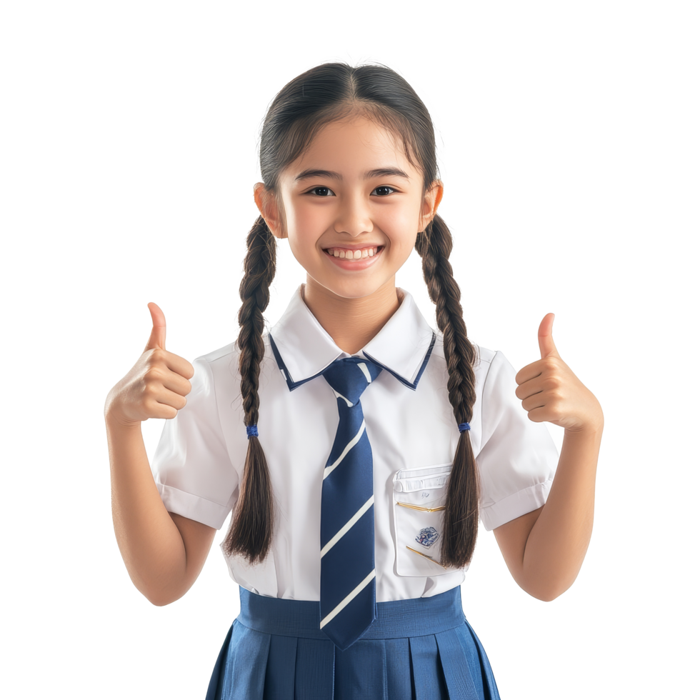 Happy Asian student girl in school uniform shows thumbs up in cheerful pose against a bright background, Happy Asian student girl in school uniform show thumbs up isolated transparent background png