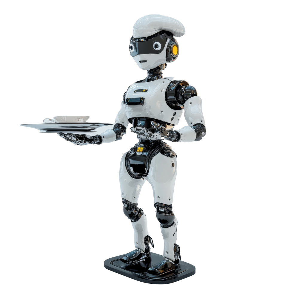 Robot waiter holding a tray with a cup on a transparent background in a modern dining setting, Robot Waiter or Chef Cook On transparent background png