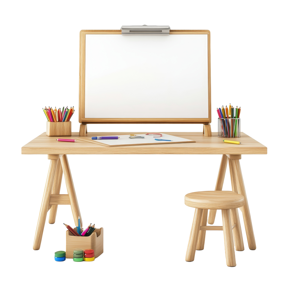 Stylish wooden study desk and easel board set for children isolated on a transparent background, Study Desk and Board Set Isolated on transparent background png