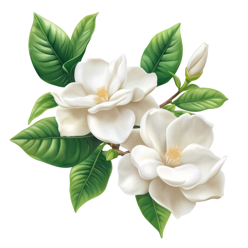 Elegant gardenia flowers arranged with lush green leaves on a transparent backdrop, perfect for floral designs and decorations, Gardenia flowers isolated on transparent background png