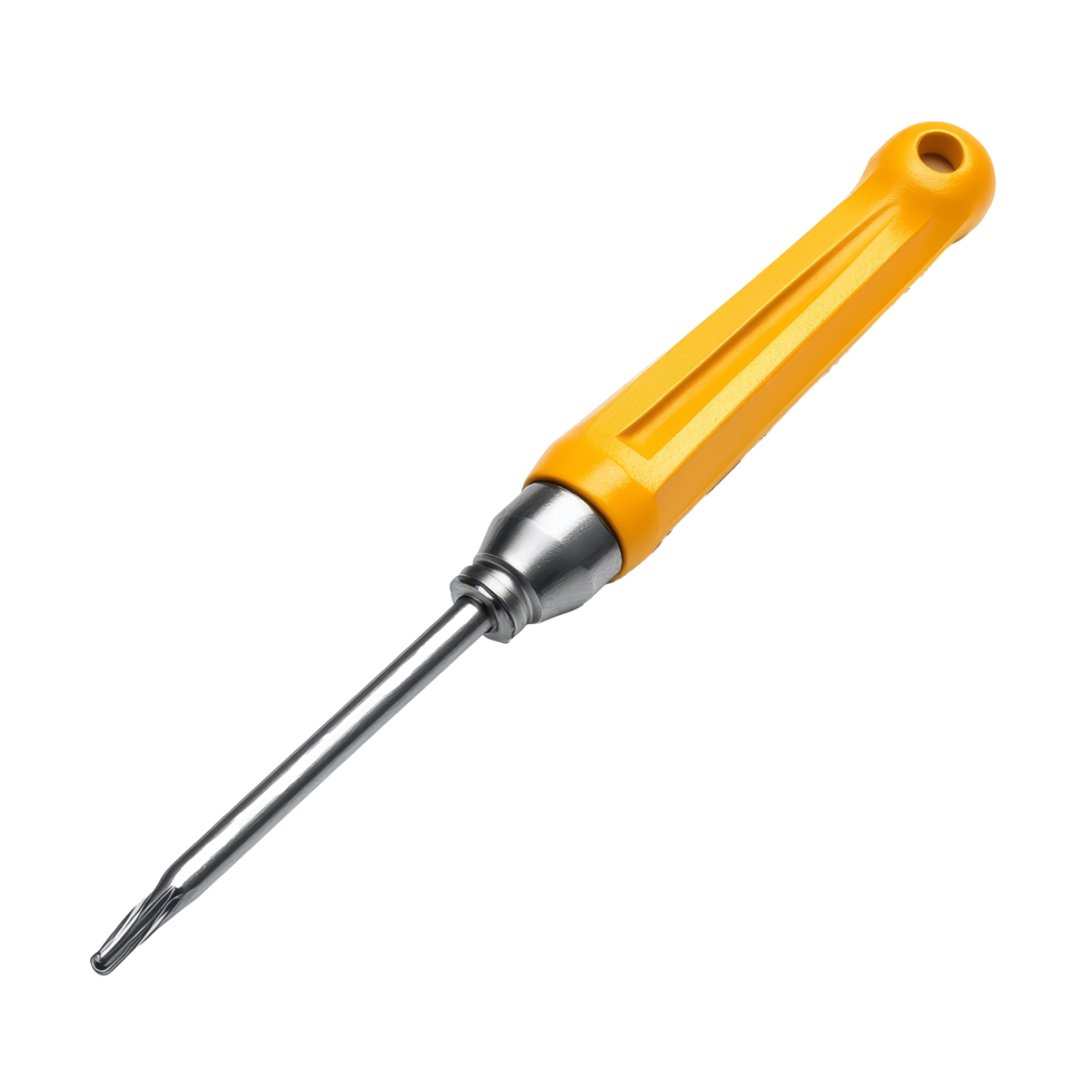 A yellow-handled screwdriver displayed on a clean transparent background for tool identification and usability, The screwdriver isolated on transparent backgroundfile png