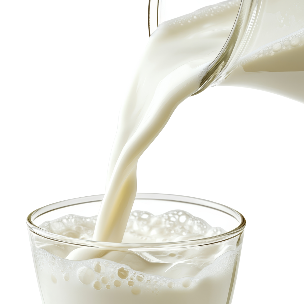 Fresh milk pouring from a jug into a clear glass on a clean transparent background, Milk pouring from a jug into a glass on transparent background png