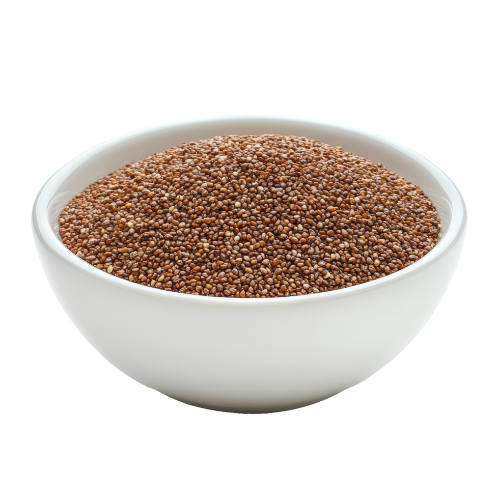 Brown teff grain in a transparent bowl isolated on a clean transparent background showcasing its texture and color, Brown Teff Grain in transparent bowl isolated on transparent background png