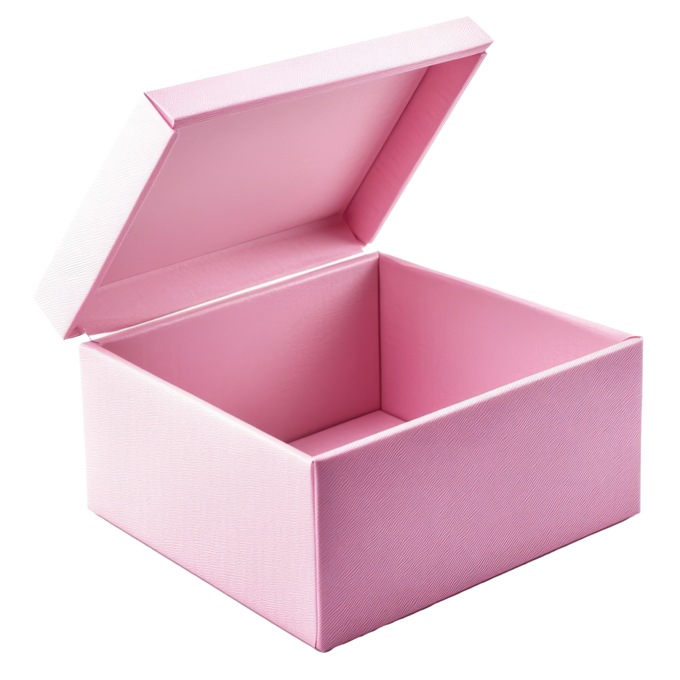An open pink gift box on a transparent background showcasing its spacious interior and elegant design, Pink open gift box isolated on transparent background png
