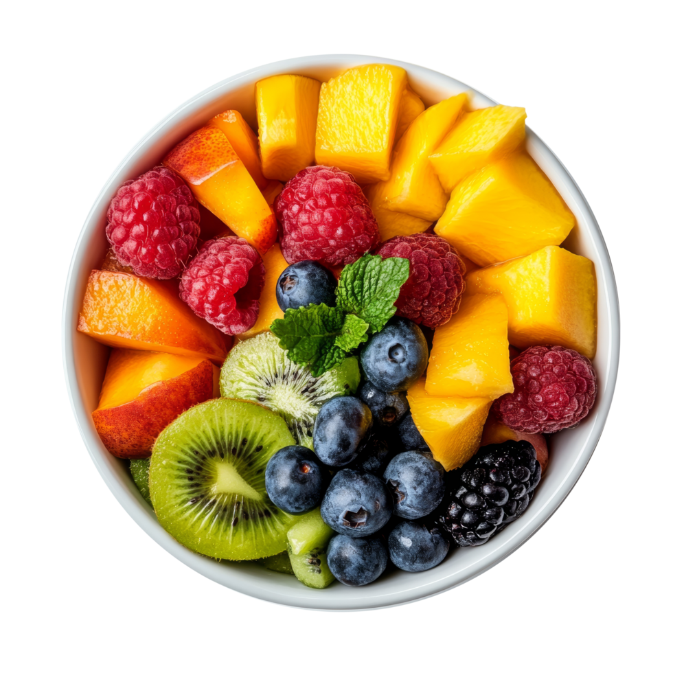 A vibrant healthy fruit bowl with raspberries, mangoes, and kiwis on a transparent background for a refreshing snack, Healthy bowl of fruits on transparent background png